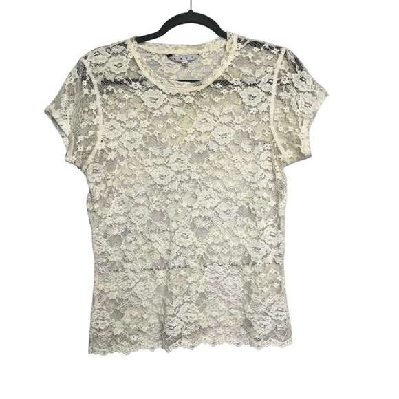 CAbi Tops - CABI Womens Medium Short Sleeve Ivory Flower Lace Sheer Crewneck Blouse Top
